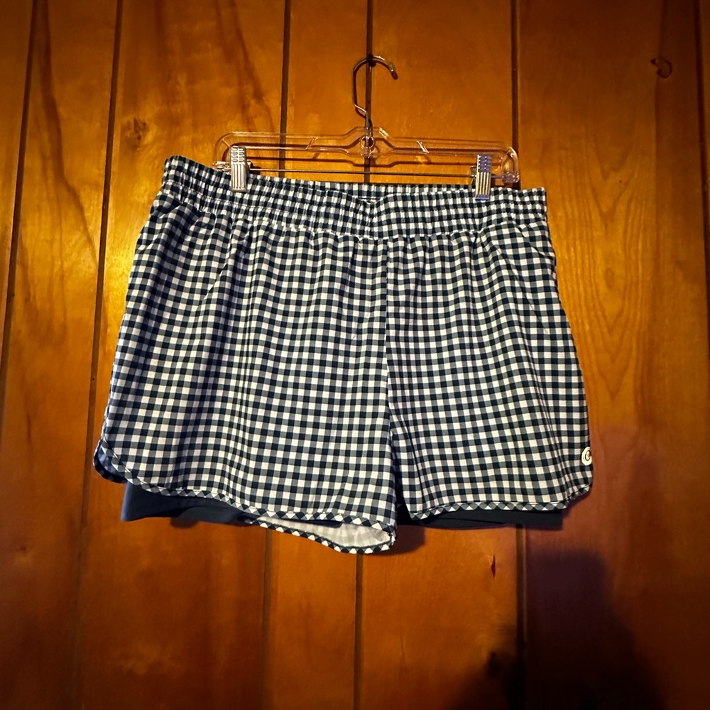 Calme Johnny Was Blue Gingham Shorts Womens XLarge Run 2 In 1 Stretch NWT